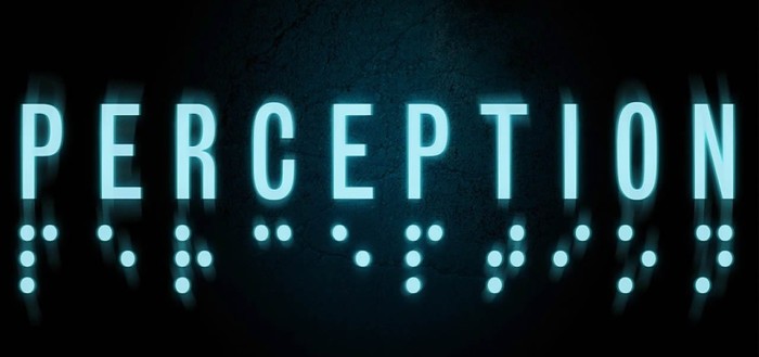 imagem de divulgação do jogo com o nome perception em azul claro em letras normais e abaixo de cada letra os respectivos caracteres em baile tudo em um fundo preto