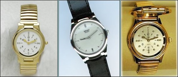 imagem mostrando três modelos de relógios em braille femininos e masculinos